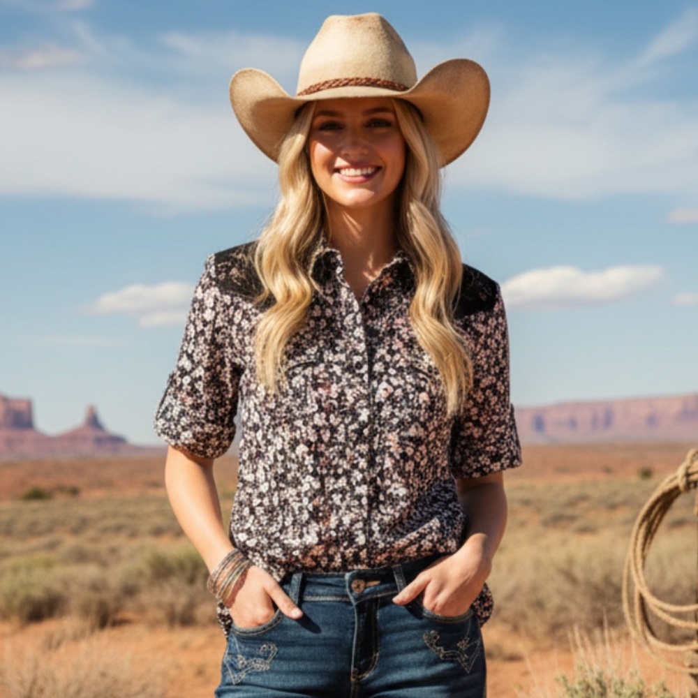 Wrangler western floral button up shirt with black lace shoulder accents